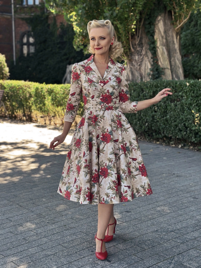 Sukienka jesienna Charlotte z kołnierzem, rozkloszowana sukienka retro na jesień