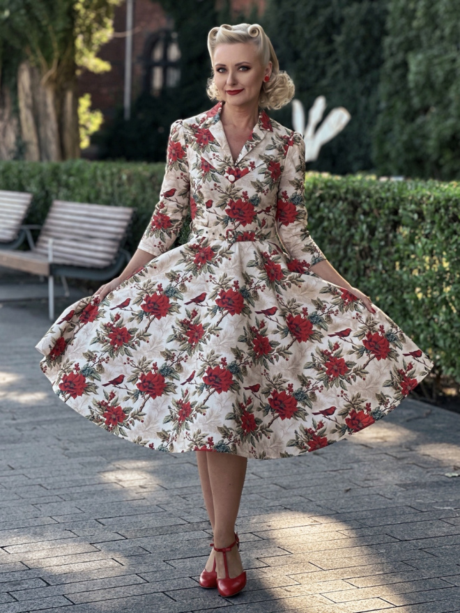 Sukienka jesienna Charlotte z kołnierzem, rozkloszowana sukienka retro na jesień